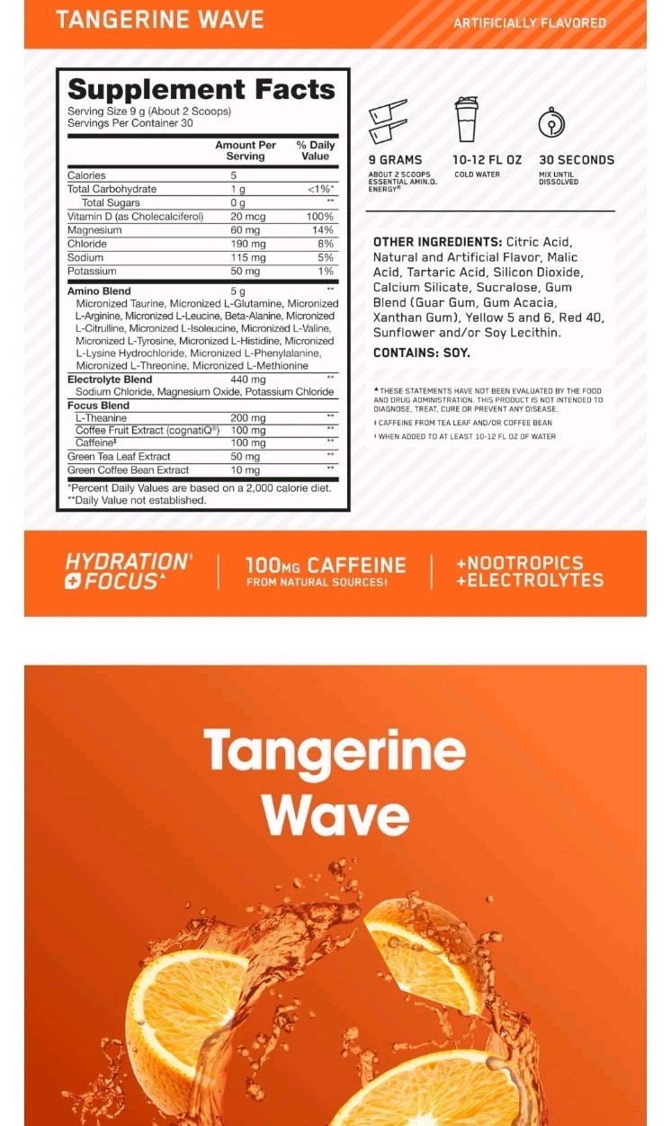 Optimum Nutrition Amino Energy Plus Hydration Tangerine Wave, 30 Servings