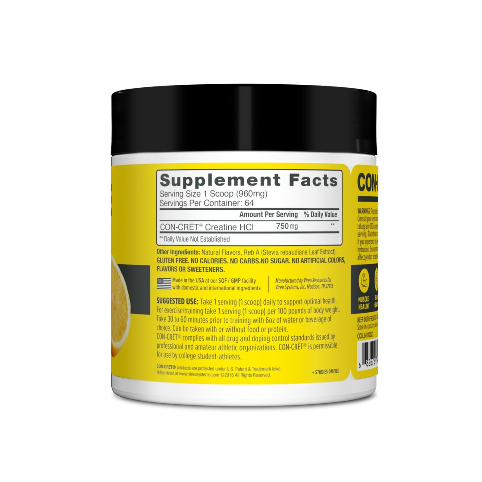 CON-CRET Creatine HCl Powder Lemon Lime 64 Servings Muscle Energy Support