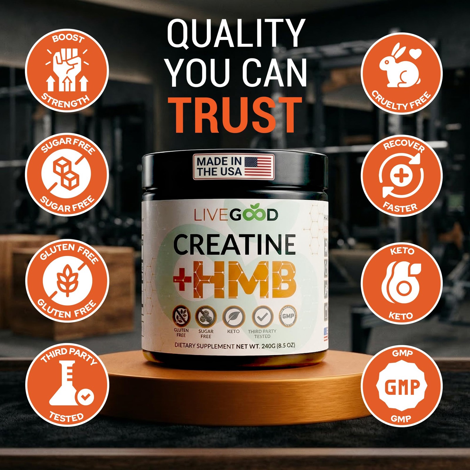 LIVEGOOD Creatine Monohydrate with HMB for Lean Muscle 8.5 Ounce (Pack of 1)