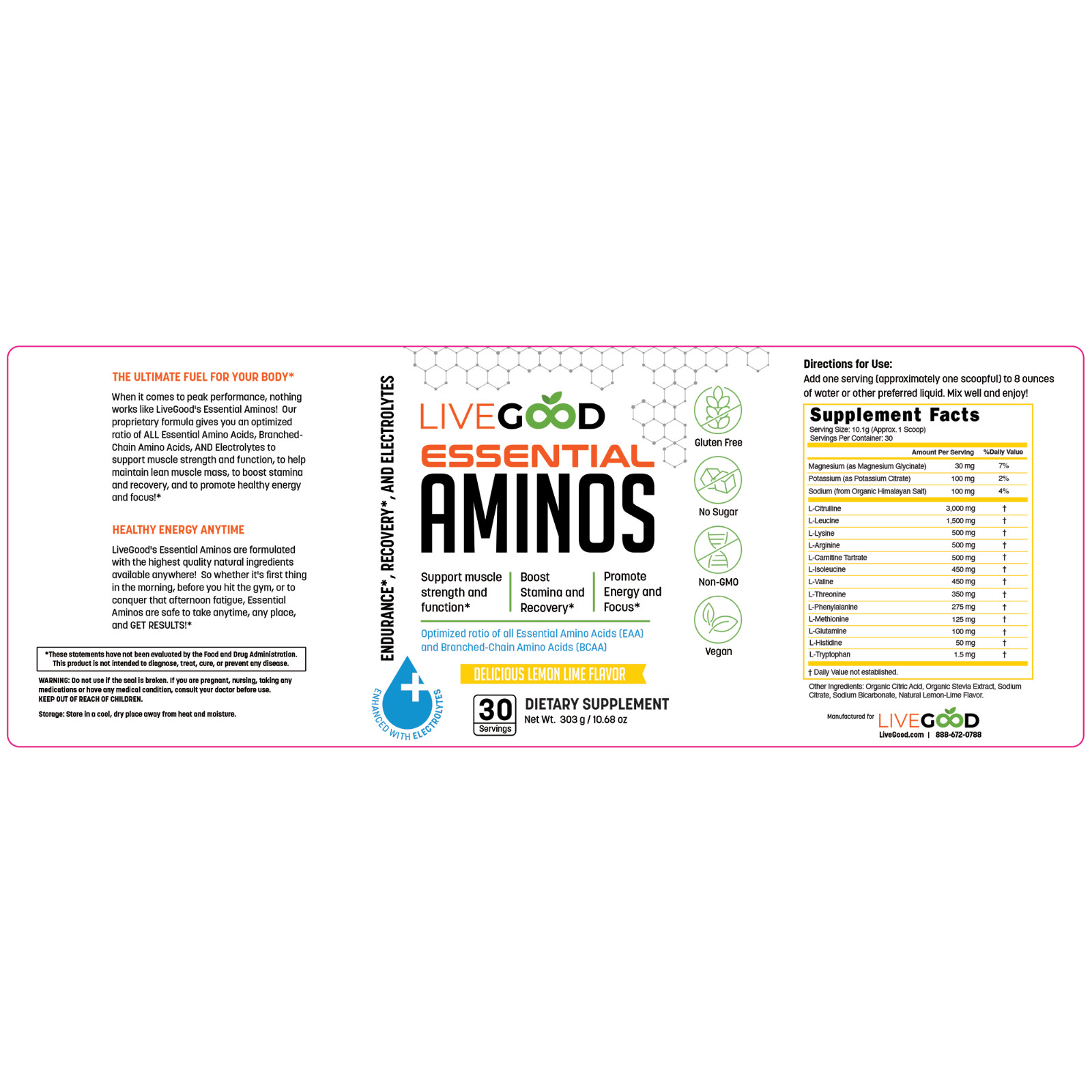 Essential Aminos EAA BCAA Powder 3000mg Citrulline Electrolytes LiveGood 30srv