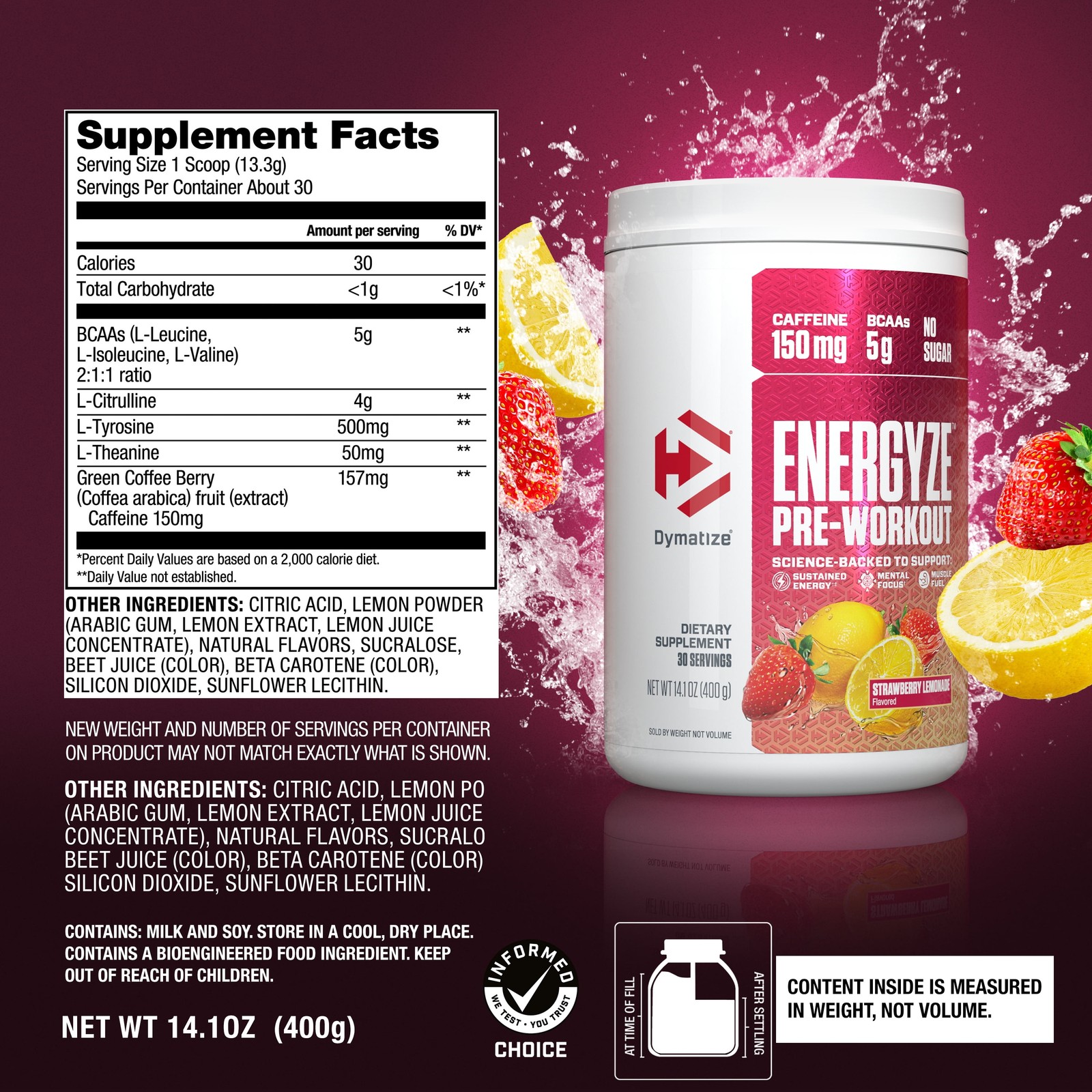 , Energyze Pre-Workout, Strawberry Lemonade, 30 Servings