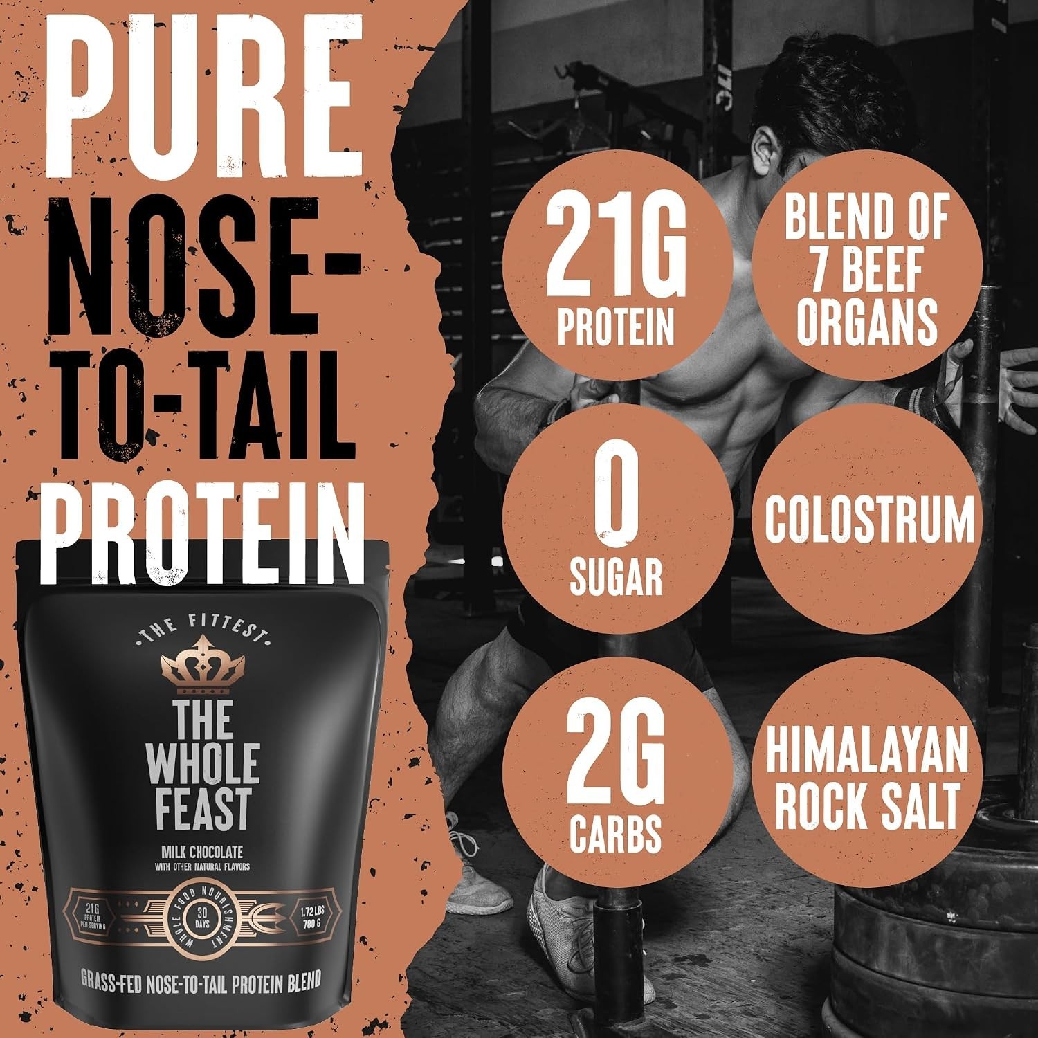 Whole Feast Beef Protein Powder Milk Chocolate Grass Fed Collagen BCAAs 21g