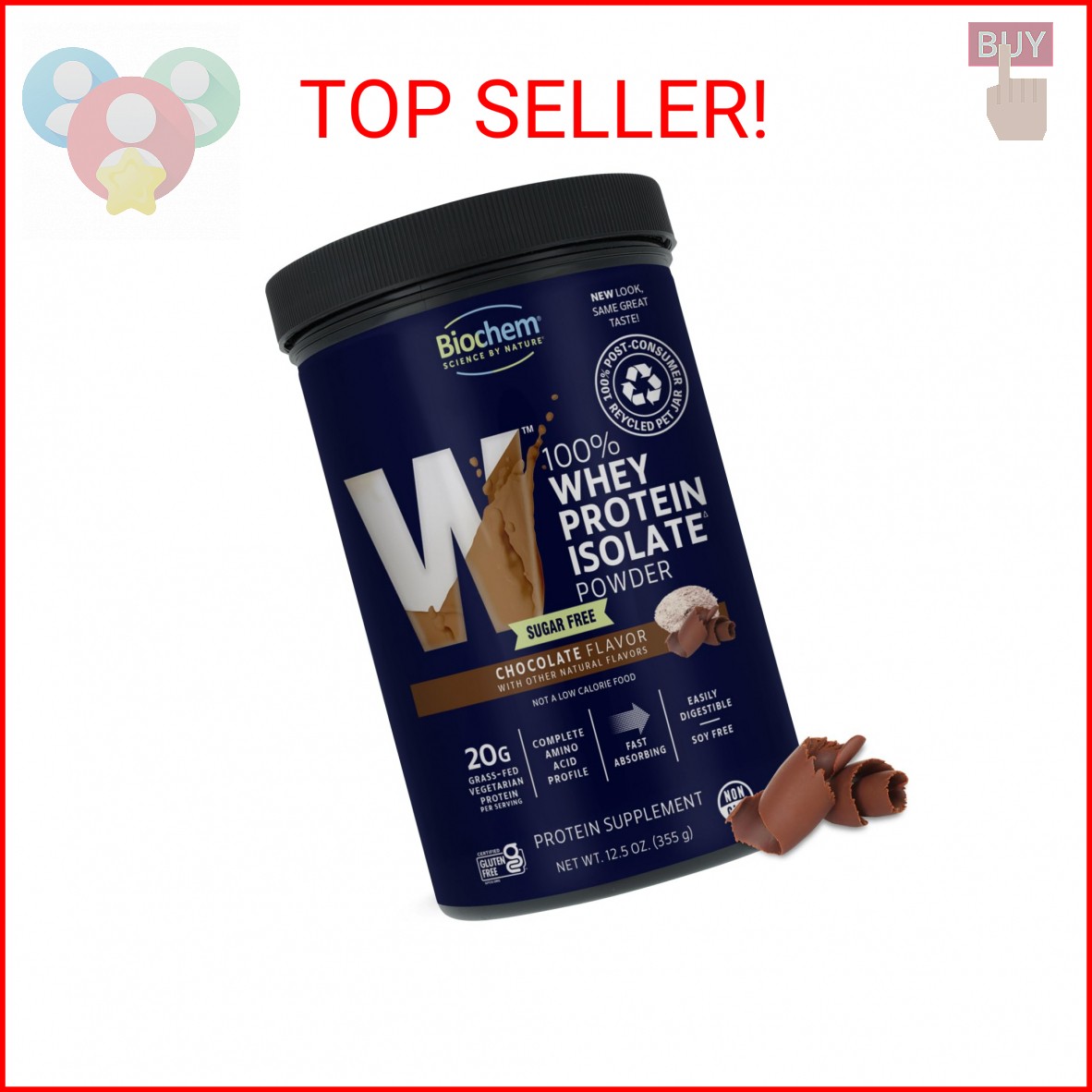 Biochem 100% Whey Sugar-Free Chocolate 20g, 12.5oz, Certified Vegetarian, Gluten