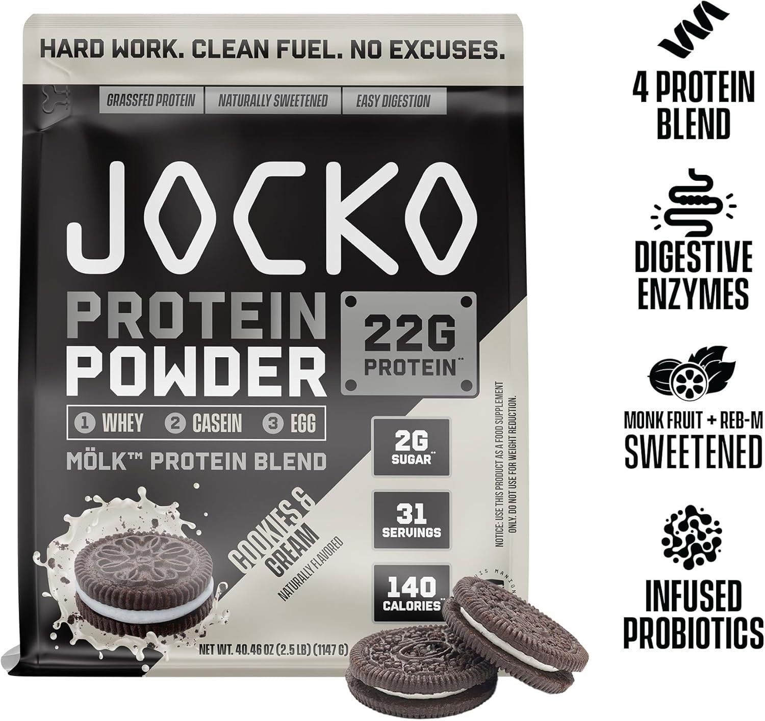 Jocko Fuel Mölk Whey Protein Powder – Keto, Probiotics, 2.5 lbs Cookies & Cream