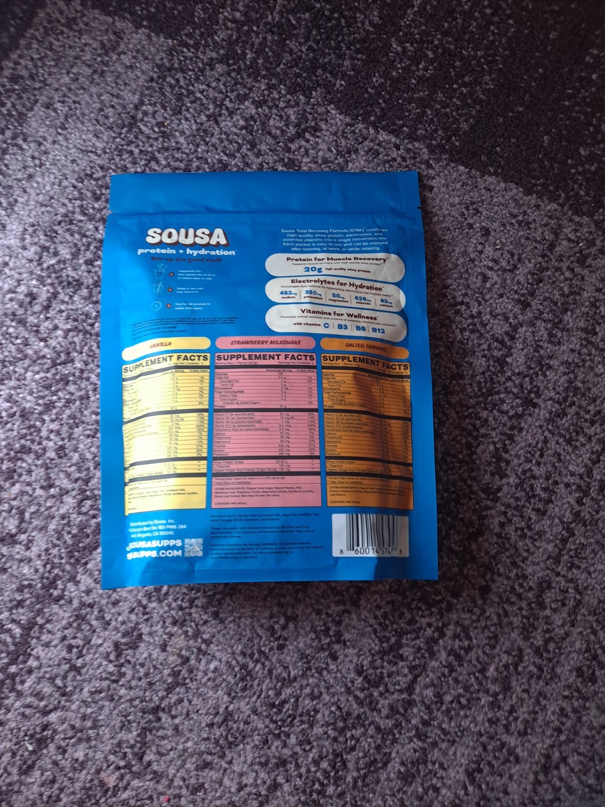 Sousa Protein + Hydration Recovery Drink Mix 6 Packets Vanilla Strawberry Salted