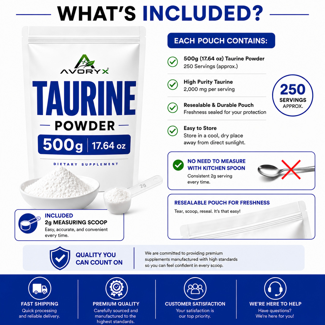 AVORYX Taurine Powder 500g (17.64 oz) Unflavored 100% Pure 2g Scoop Included
