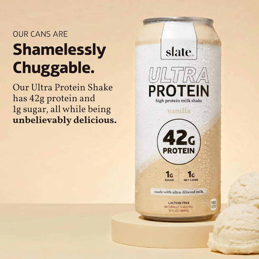 Slate 42G Ultra Protein Shakes – Breakfast Boost, Vanilla (15 fl oz), 12 Cans