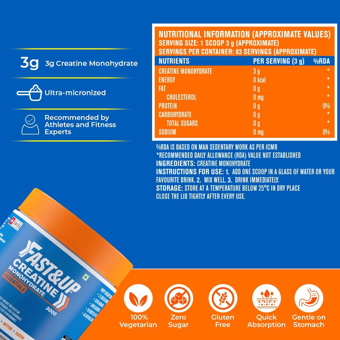 Fast&Up Creatine Monohydrate For Muscle Repair & Recovery Unflavored Choose Size
