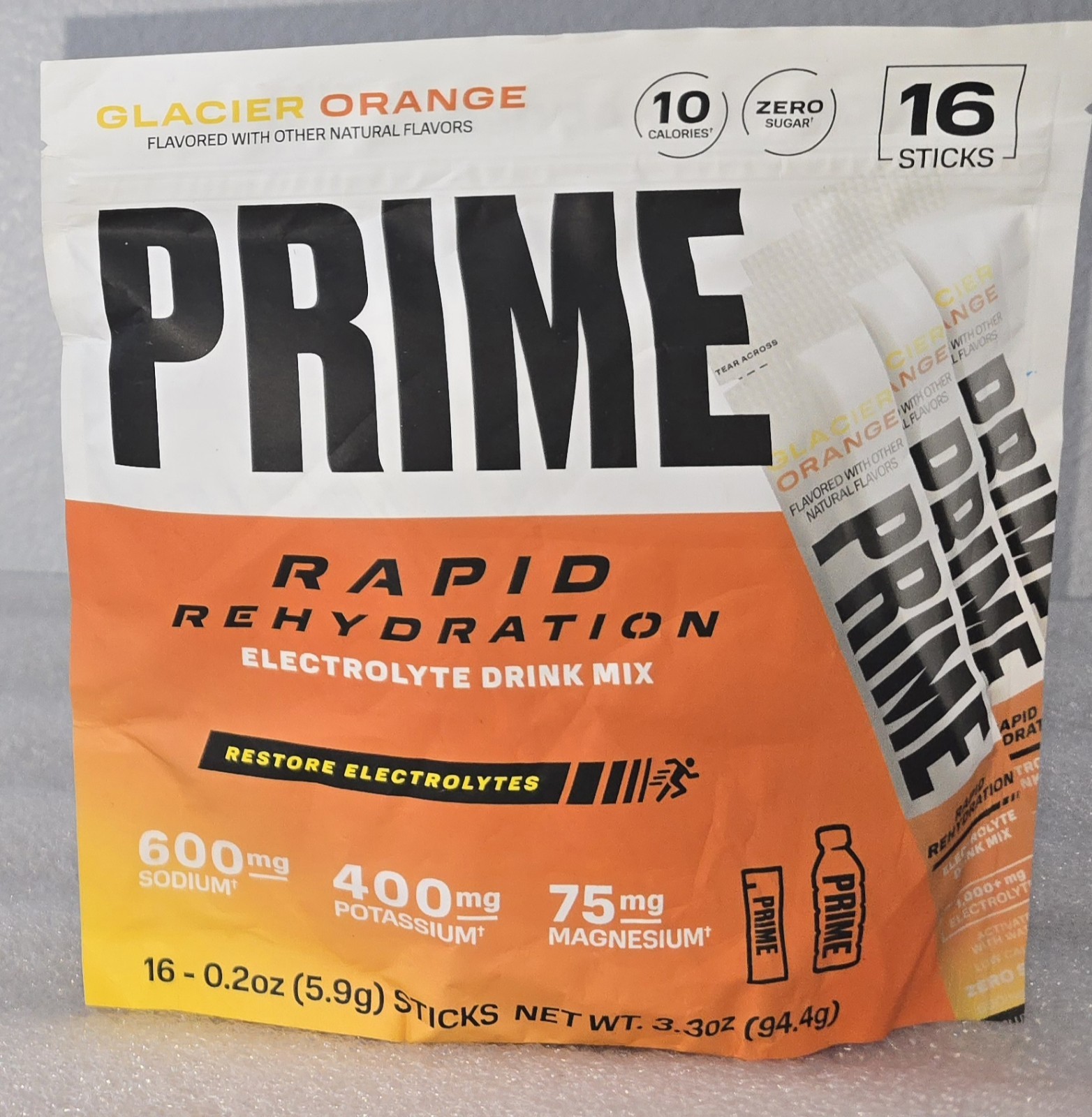 Prime Rapid Rehydration Electrolyte Drink Mix Sticks Glacier Orange 16 Sticks