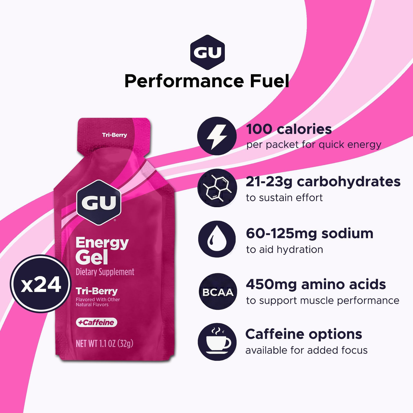 GU Energy Original Sports Nutrition 1.1 Fl Oz (Pack of 8), Tri-berry