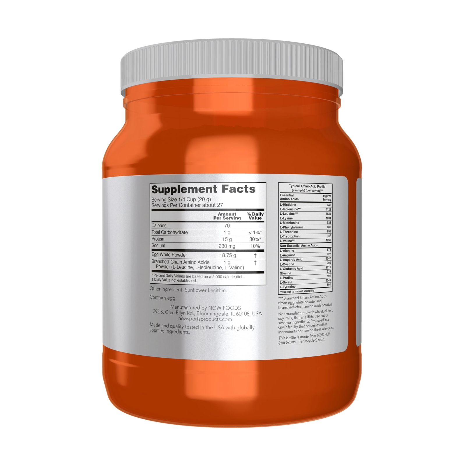 NOW Sports Egg White Protein Powder Unflavored 27 Servings 16g Protein