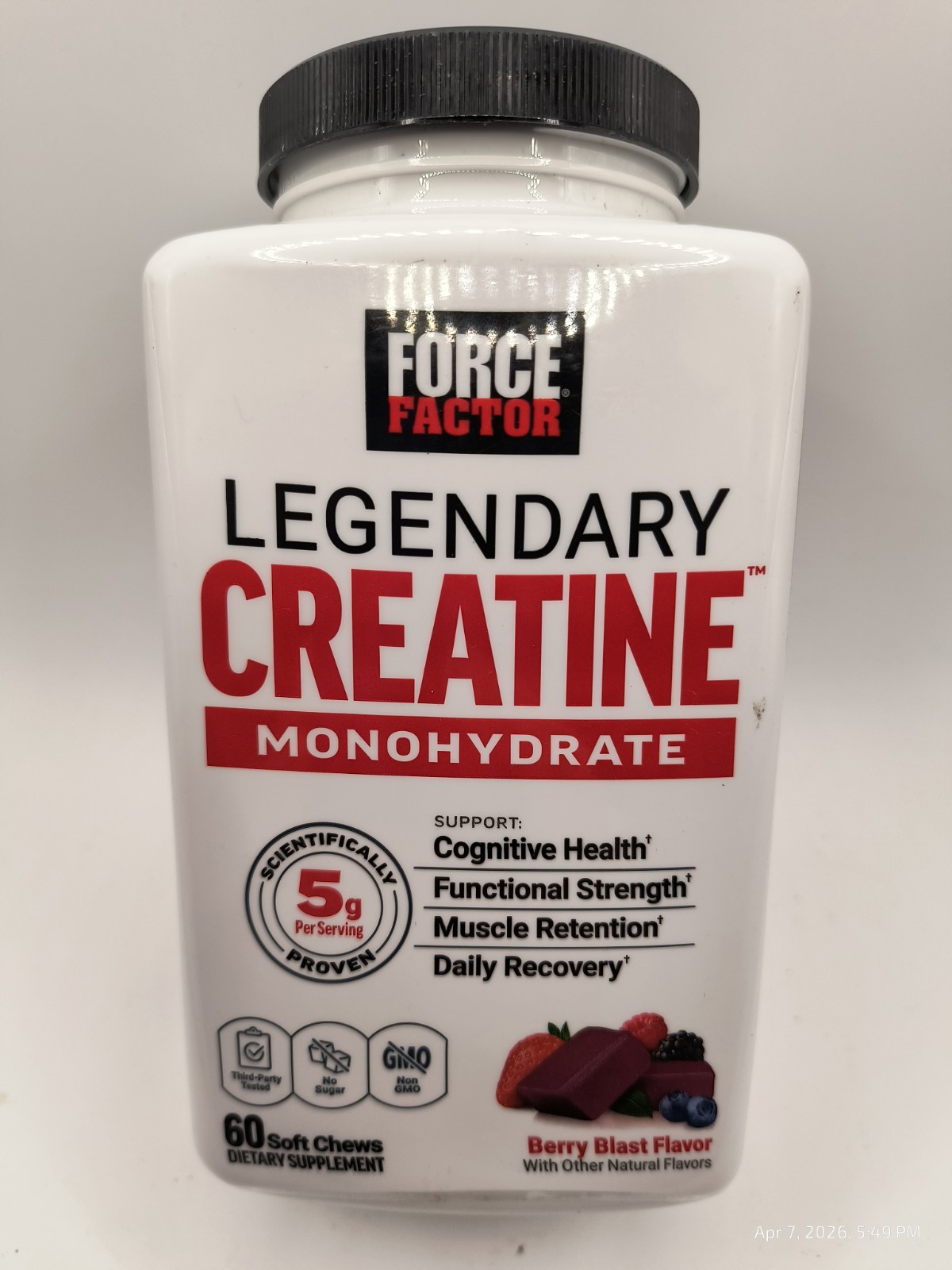 Force Factor Legendary Creatine Chews 5g Monohydrate Muscle Strength 60 Ct