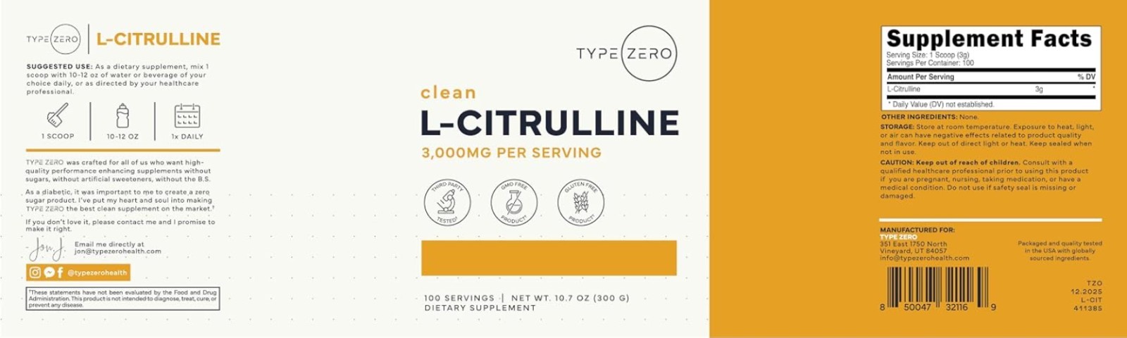 Versatile L-Citrulline Base Powder – 100 Servings, Gluten-Free & GMP Certified