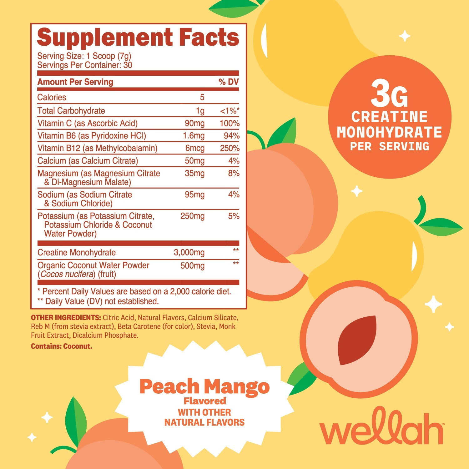 Wellah Creatine + Electrolytes Powder (Peach Mango) 30 Servings