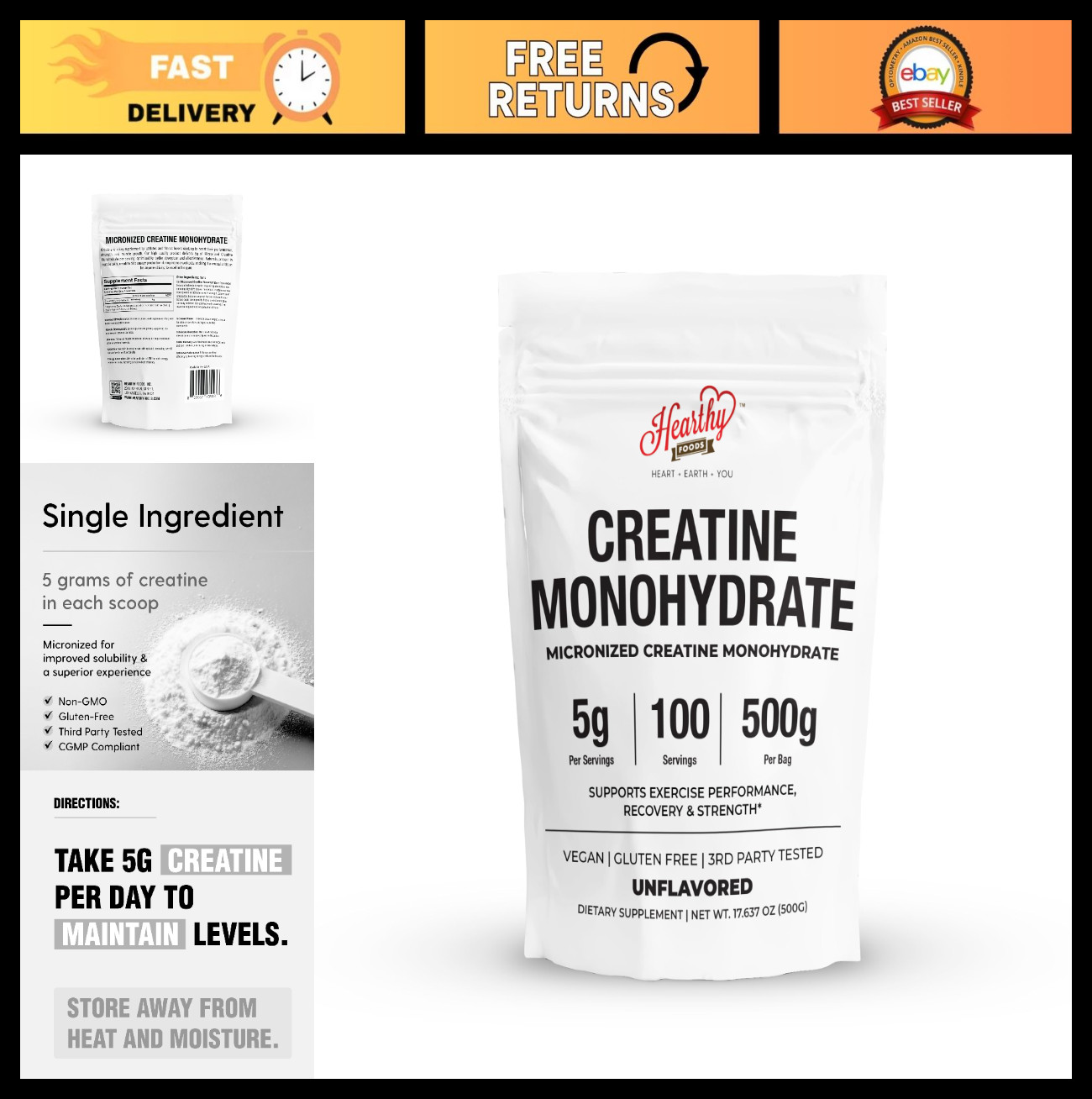 Micronized Creatine Monohydrate Powder 500G – 100 Servings, 5000mg – Muscle Grow