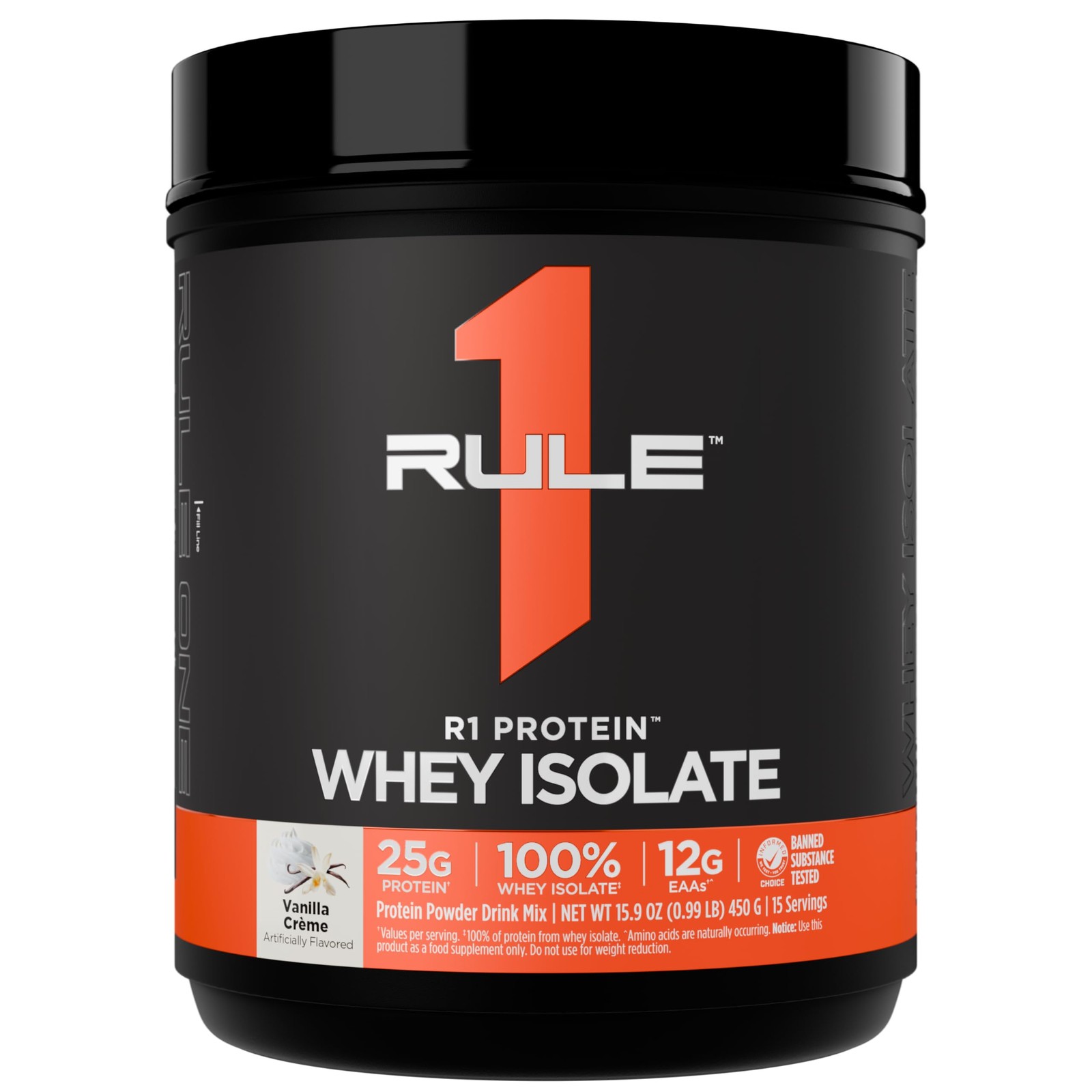 Rule 1 R1 Whey Protein Isolate Vanilla Creme 25g Protein 6g BCAA 1 lb