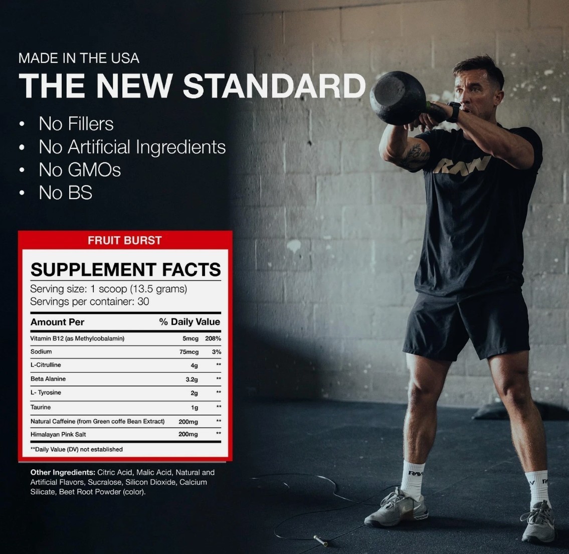 RAW NUTRITION ESSENTIAL PRE WORKOUT POWDER, Fruit Burst, 30 Servings