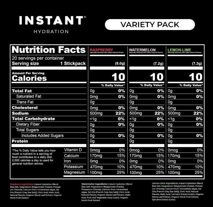 2 x Instant Hydration Sugar Free Electrolytes Powder 20 Sticks Variety Pack SALT