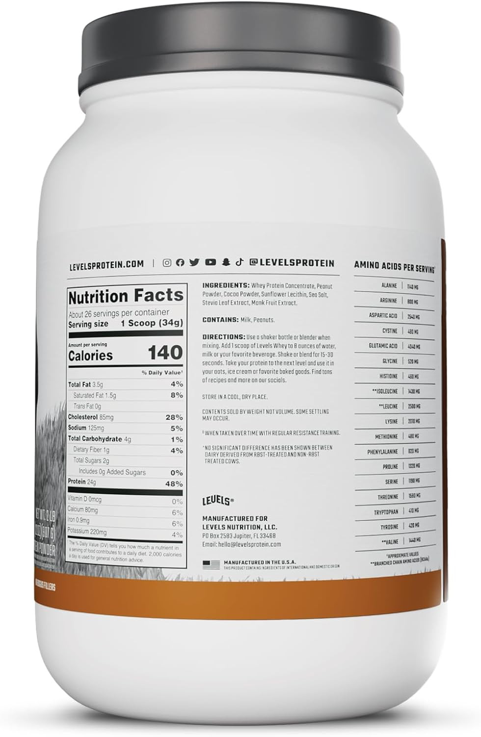 Levels Grass Fed Whey Protein Powder, No Artificials, 24G of Protein, Chocola…