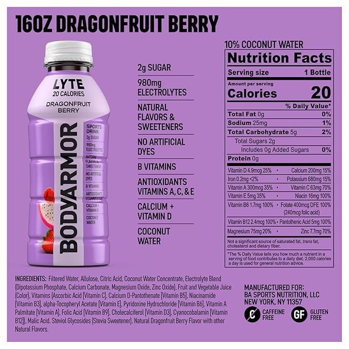 BODYARMOR LYTE Dragonfruit Berry Electrolyte Sports Drink 16oz Pack of 6