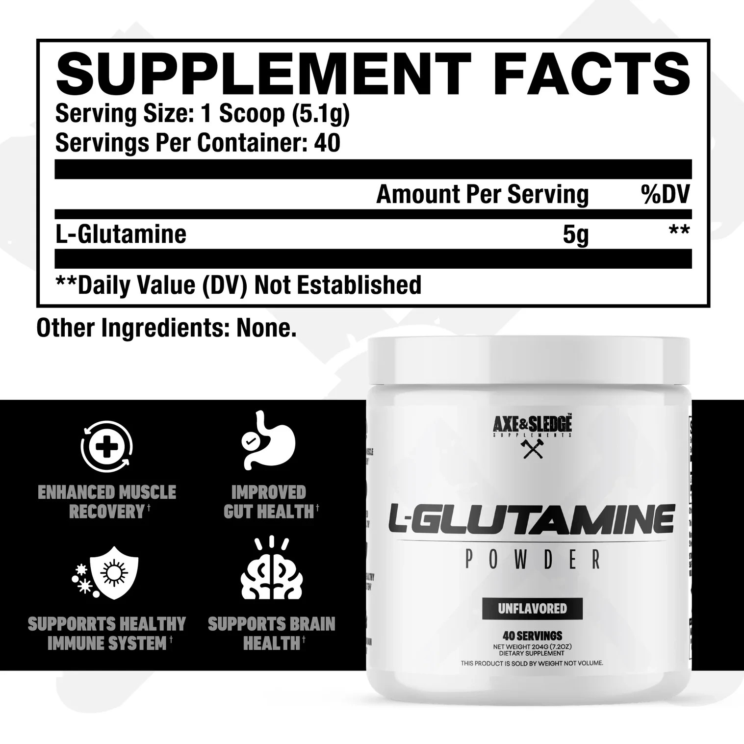 Axe & Sledge L-Glutamine Powder Muscle Recovery & Repair Unflavored 204g 40svgs