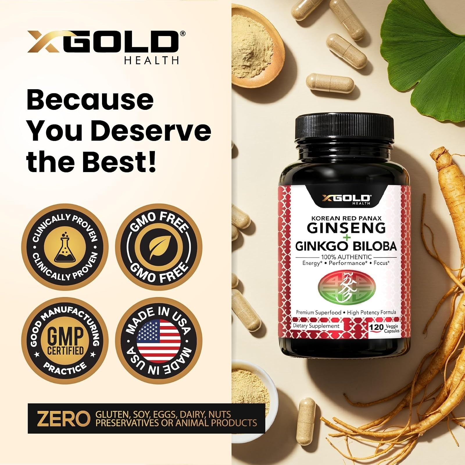 X Gold Health Korean Red Panax Ginseng 1200mg + Ginkgo Biloba 120 Capsules