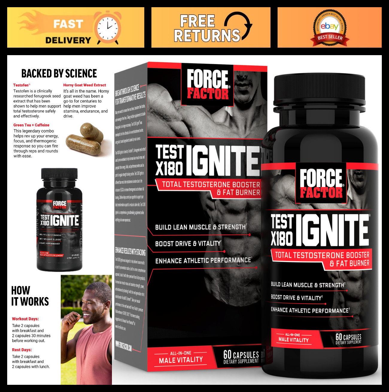 Testosterone Booster for Men – Lean Muscle, Energy Boost, Fenugreek & Green Tea,