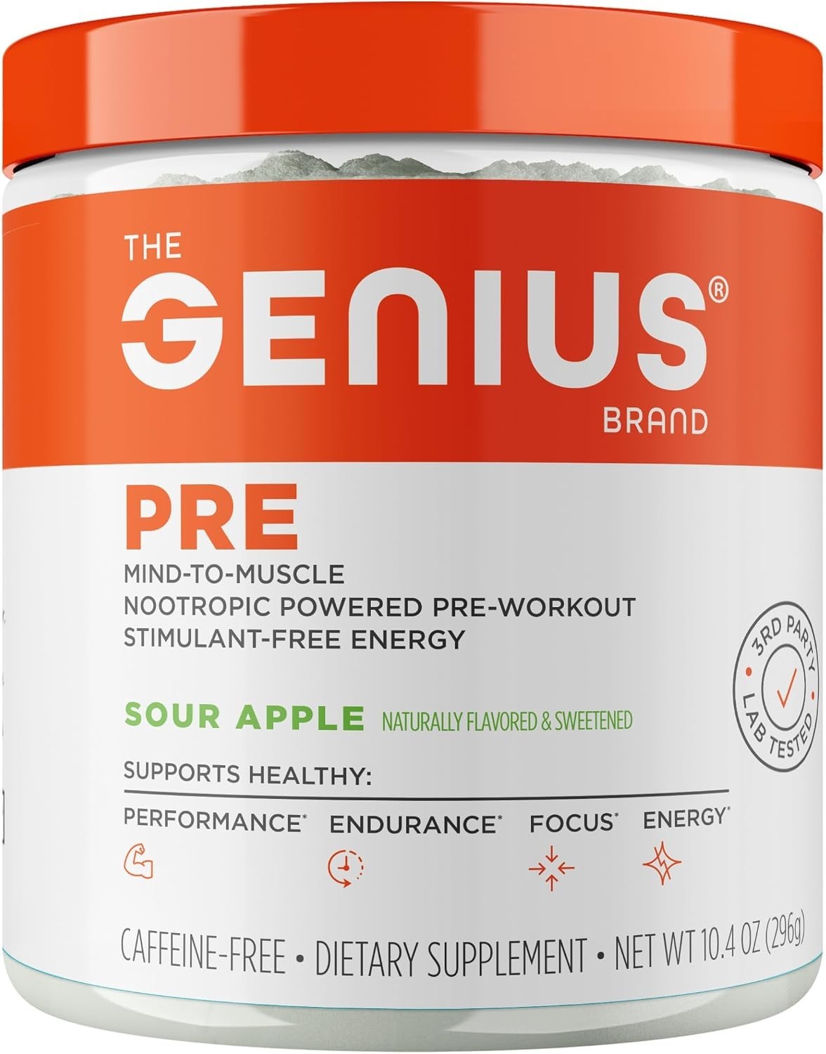 Genius Pre-Workout, Stimulant-Free Sour Apple Powder, 20 Servings | Energy