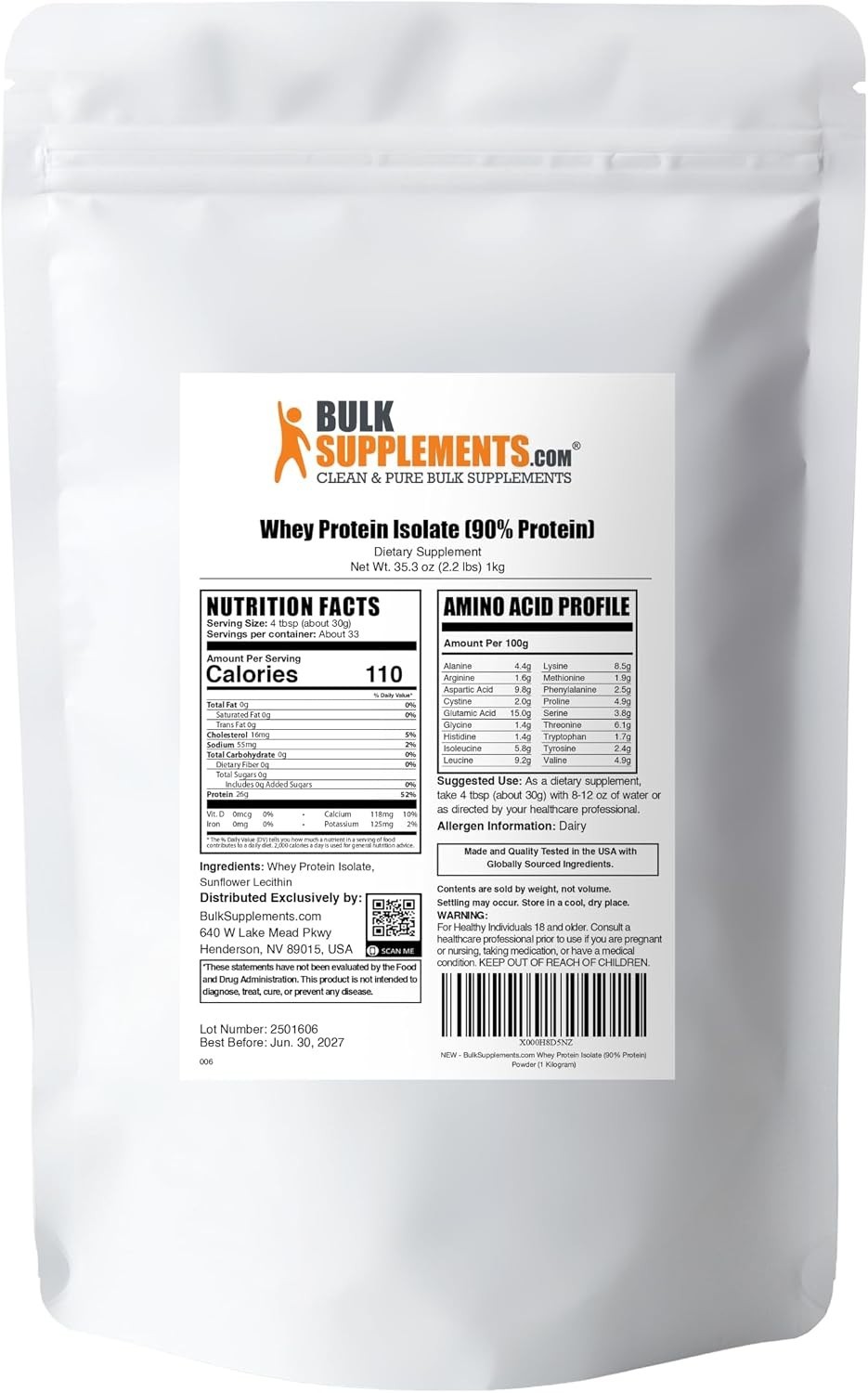 BulkSupplements.com Whey Protein Isolate Powder Unflavored 30g Serving 1kg 2.2