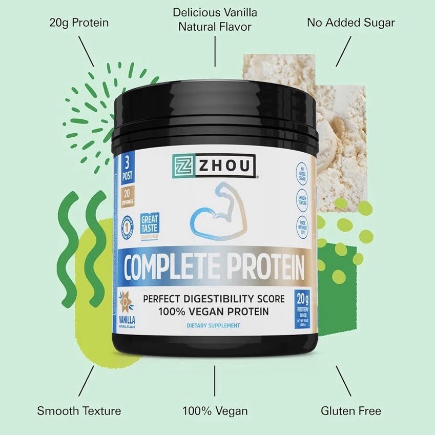 Zhou Complete Protein Vanilla 100% Vegan Protein, No Sugar Added (19.9oz)
