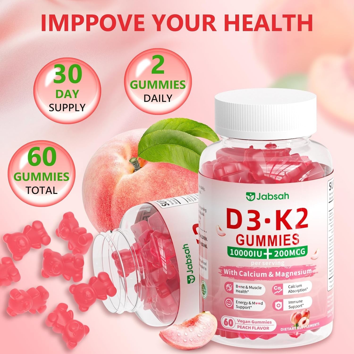 Jabsah brand Vitamin D3 K2 Gummies 10000 IU with Calcium, Magnesium & K2 (MK-7)