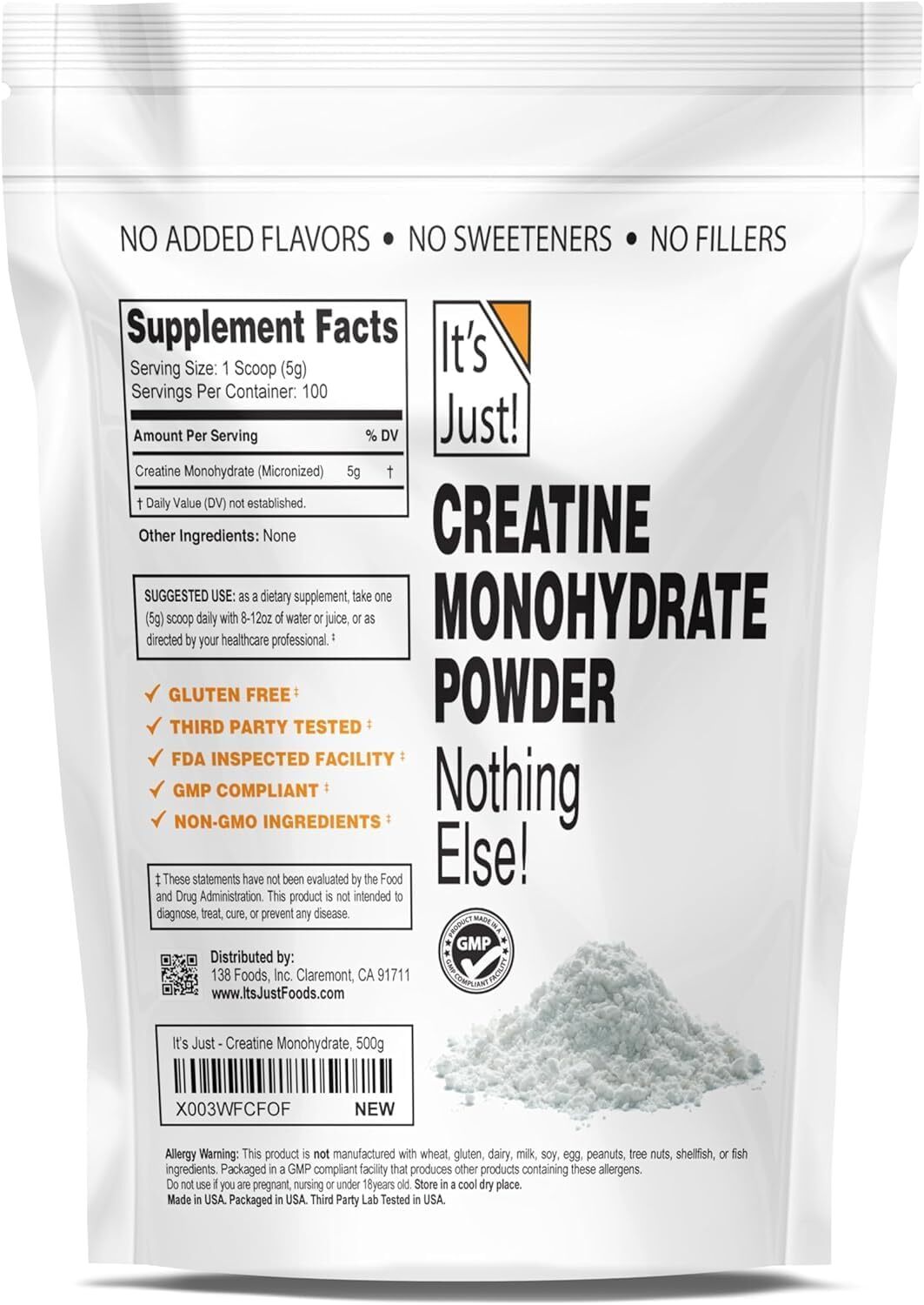 Pure Creatine Monohydrate Powder 5G per Serving (Unflavored 500G / 100 Servings)