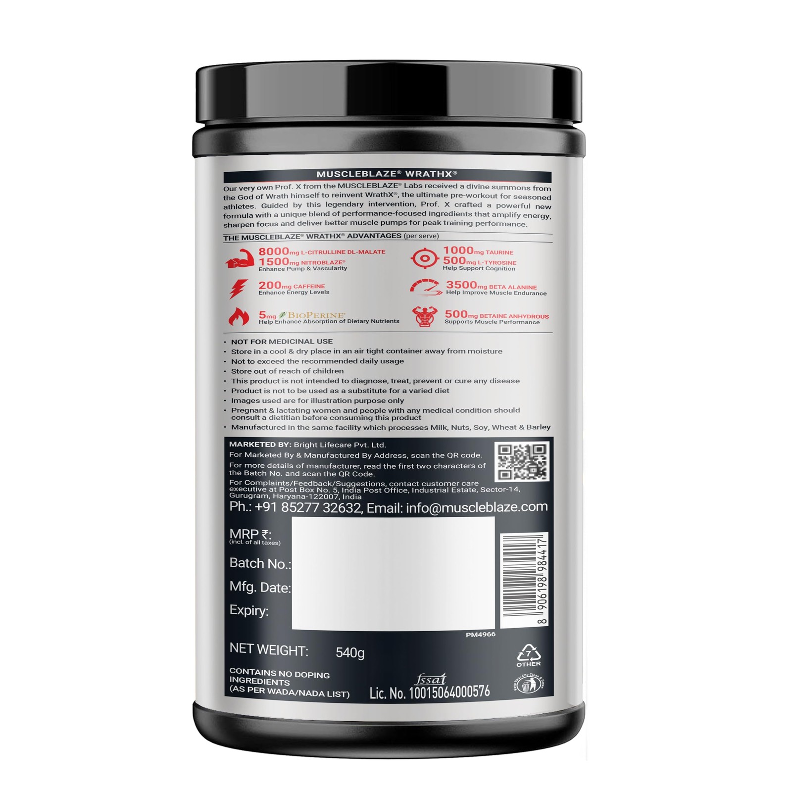 MuscleBlaze WrathX Pre Workout Powder 540g – Natty Berries, Creapure, NitroBlaze