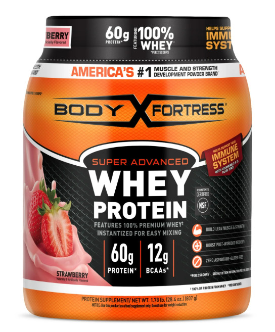 Body Fortress Super Advanced 100% Whey Protein Powder, Strawberry, 1.78 lb, 60g