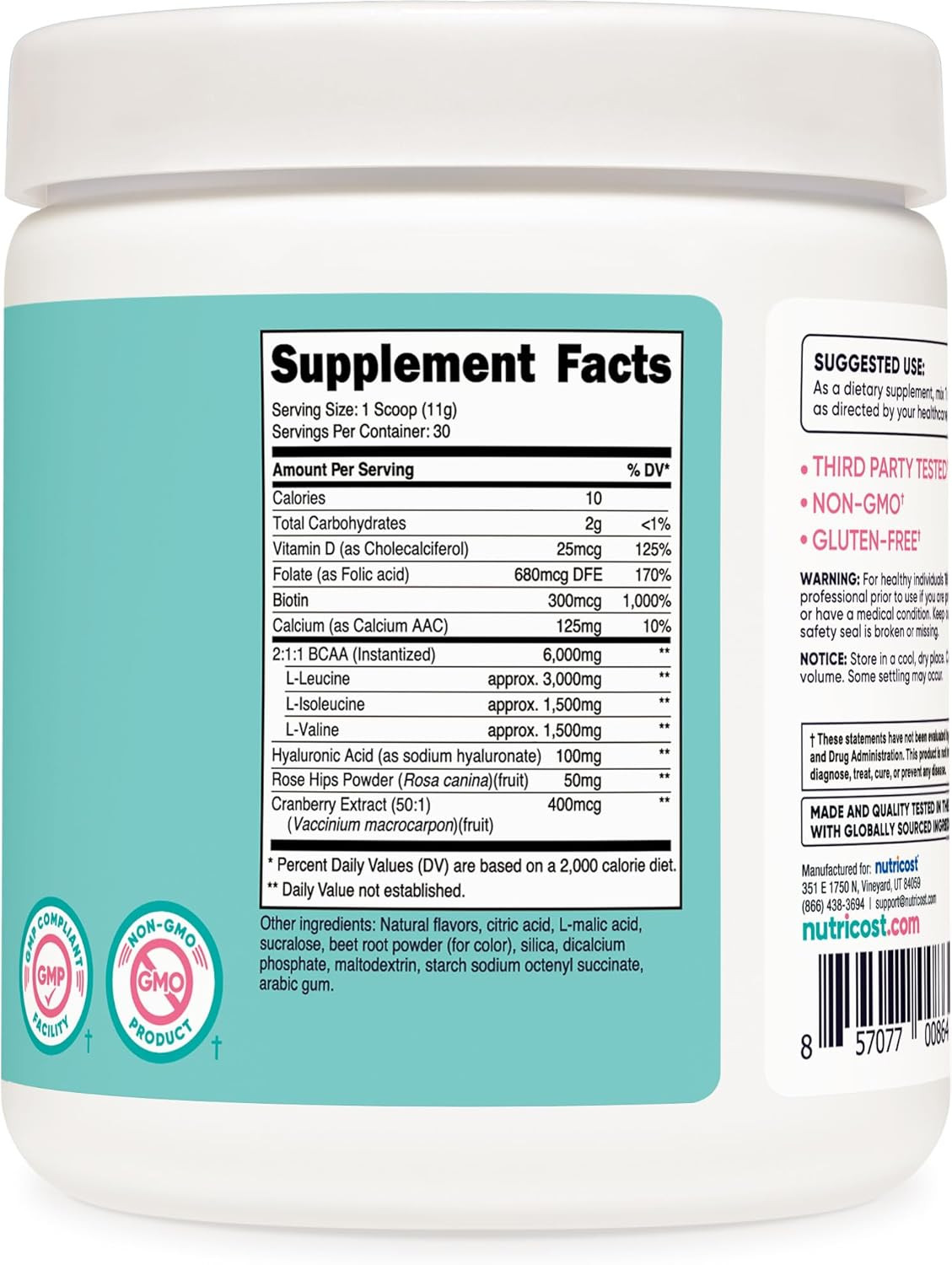 Nutricost BCAA Powder for Women, with Hyaluronic Acid, Non-Gmo and Gluten-Free