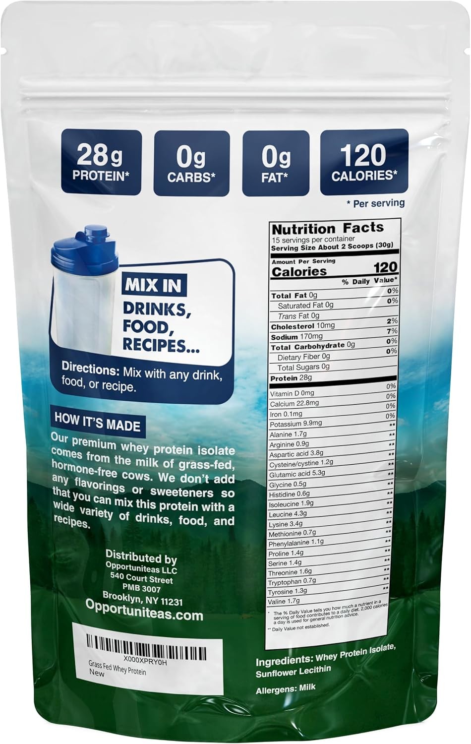 Proteína de Suero Aislado Alimentado con Pasto Sin Sabor 28g No OGM 1LB