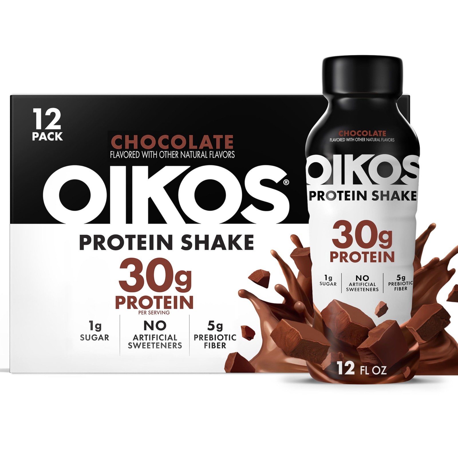 Oikos Protein Shake, Chocolate, 30g High 12 Fl Oz (Pack of 12)