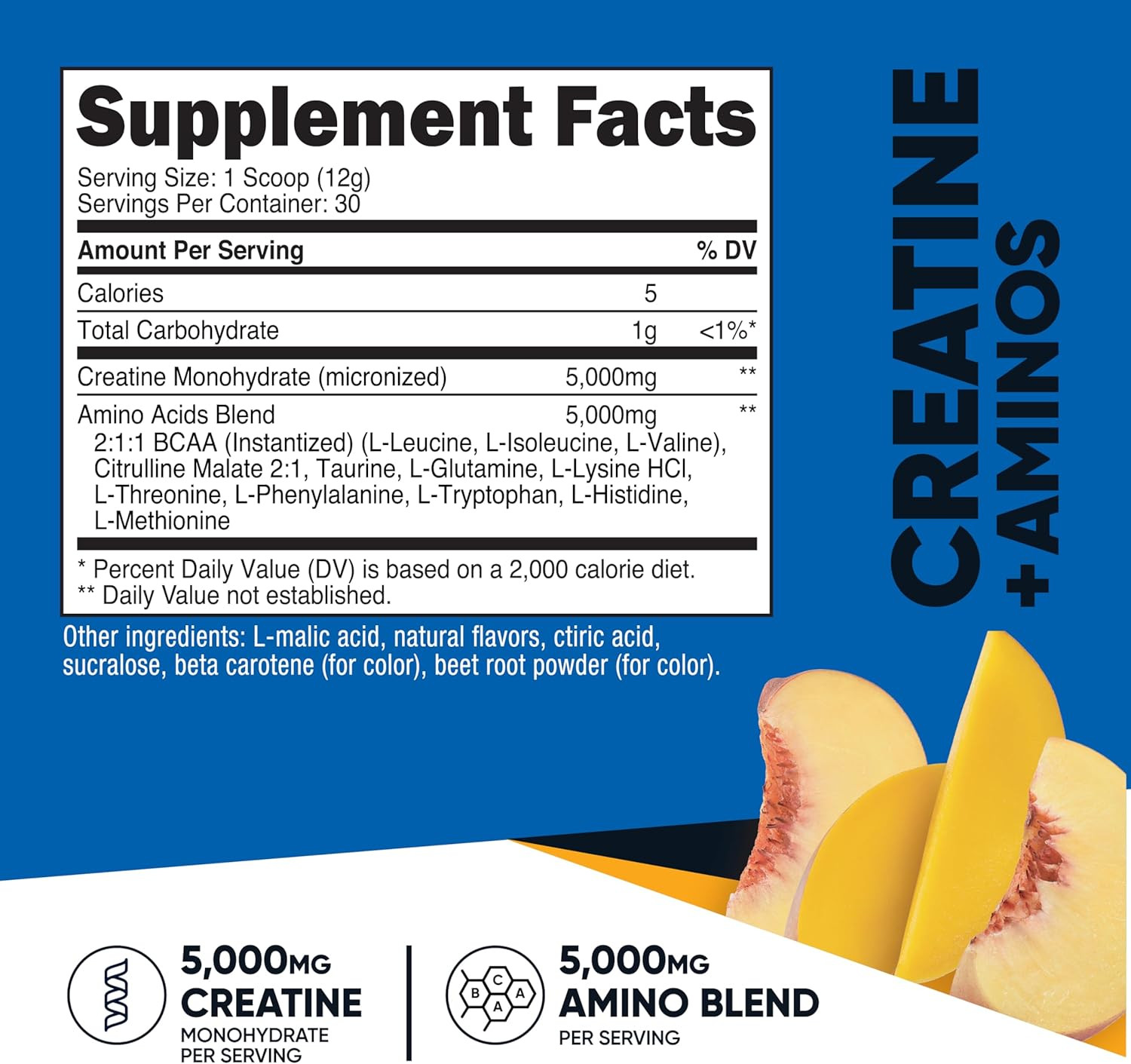 Creatine + Aminos 30 Servings (Peach Mango Flavored) – 5,000Mg Creatine Monohydr
