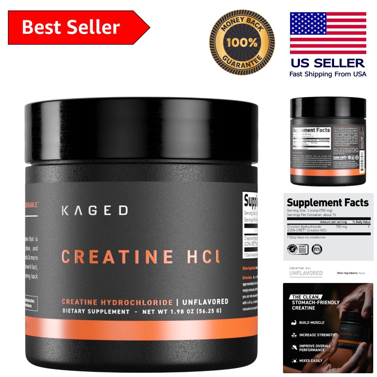 Highly Soluble Creatine HCl Powder – 750mg, 75 Servings for Optimal Performance