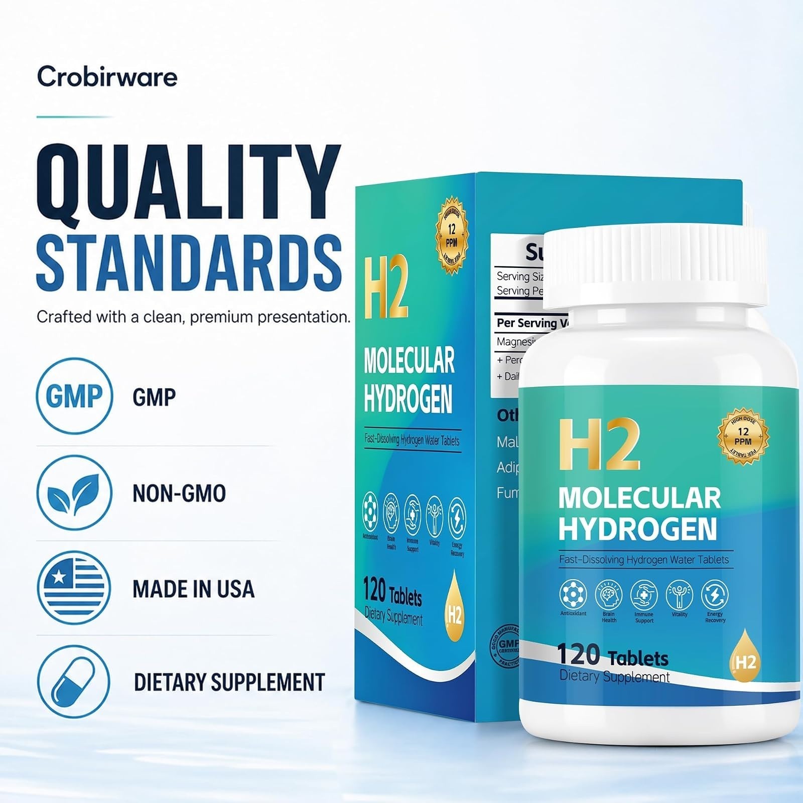 Crobirware Molecular Hydrogen Water Tablets, Raspberry Flavor, 120 Count