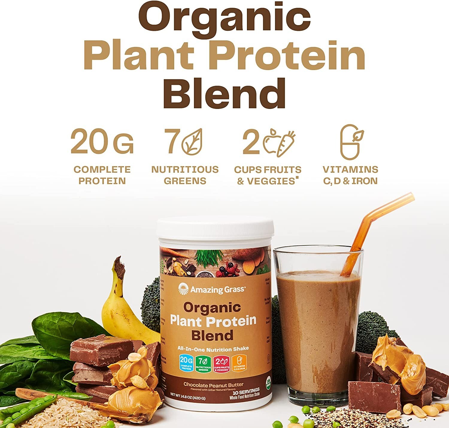 Amazing Grass Organic Plant Protein – Vegan -10 Serving- Chocolate Peanut Butter