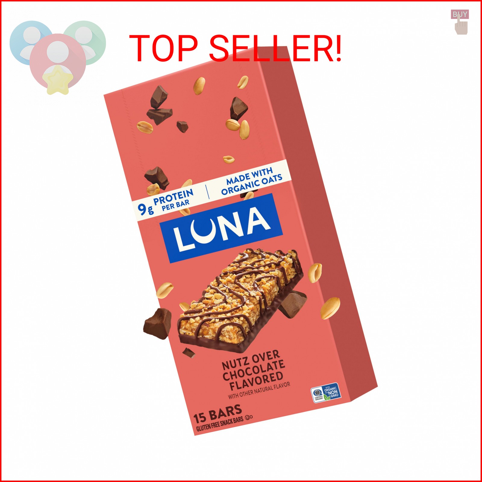 LUNA Bar – Nutz Over Chocolate Flavor – Gluten-Free – Non-GMO – 7-9g Protein – M
