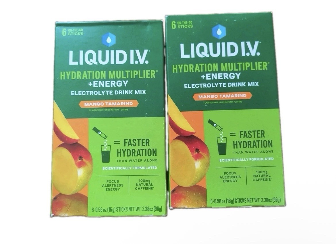 2 pk Liquid I.V. Mango Tamarind Hydration Multiplier +Energy Drink Mix exp 03/27