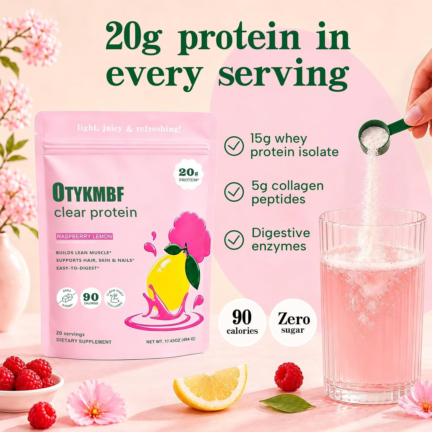 Clear Protein Powder 494G, Raspberry Lemon, 20G Protein, Whey Protein Isolate wi