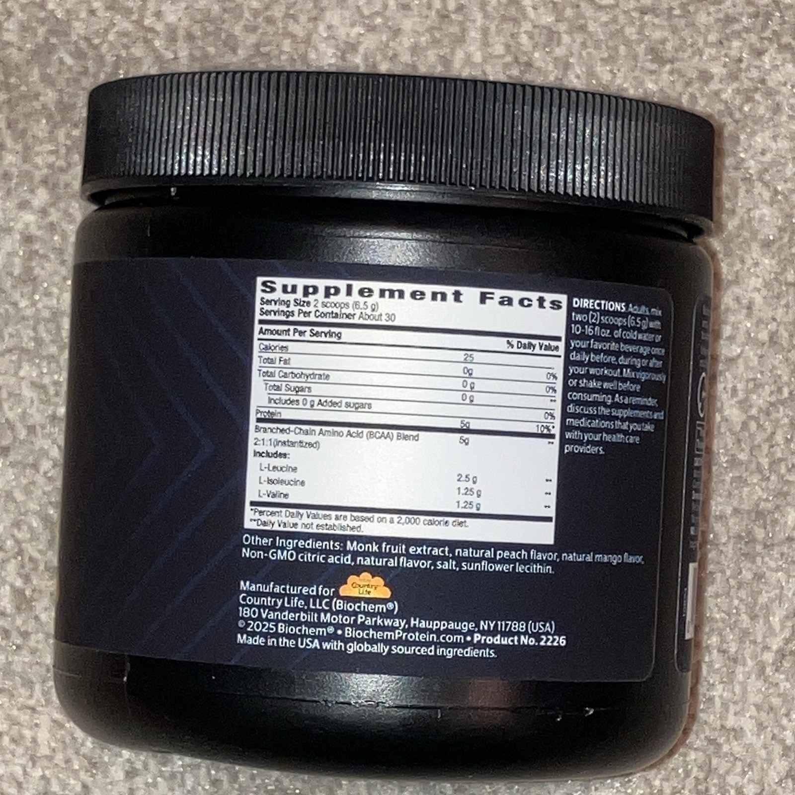Biochem Vegan Keto Friendly Gluten-Free BCAA Powder Peach Mango 6.9oz 30 srv