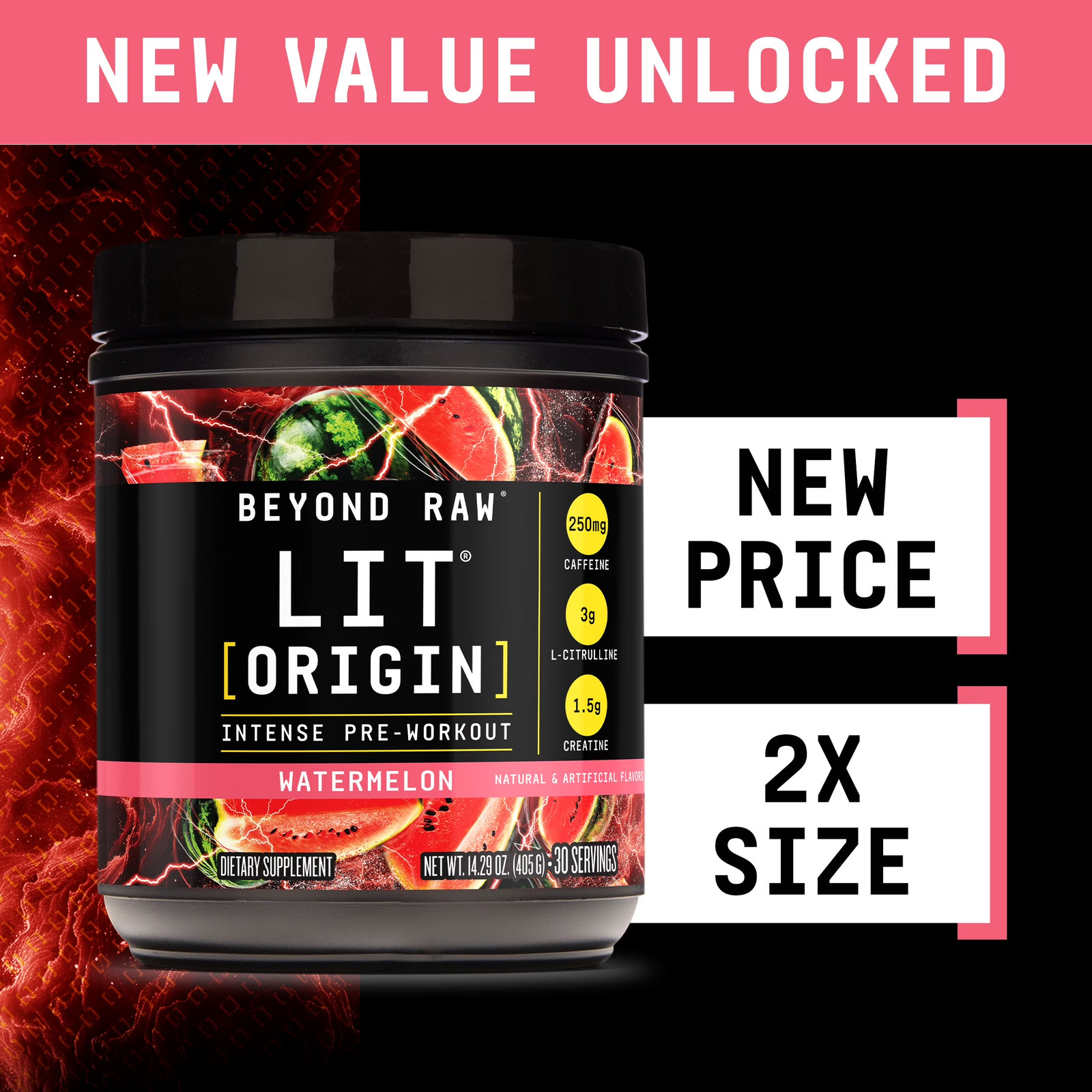 Beyond Raw LIT Origin Pre Workout Powder, Watermelon, for Men & Women, Energy &