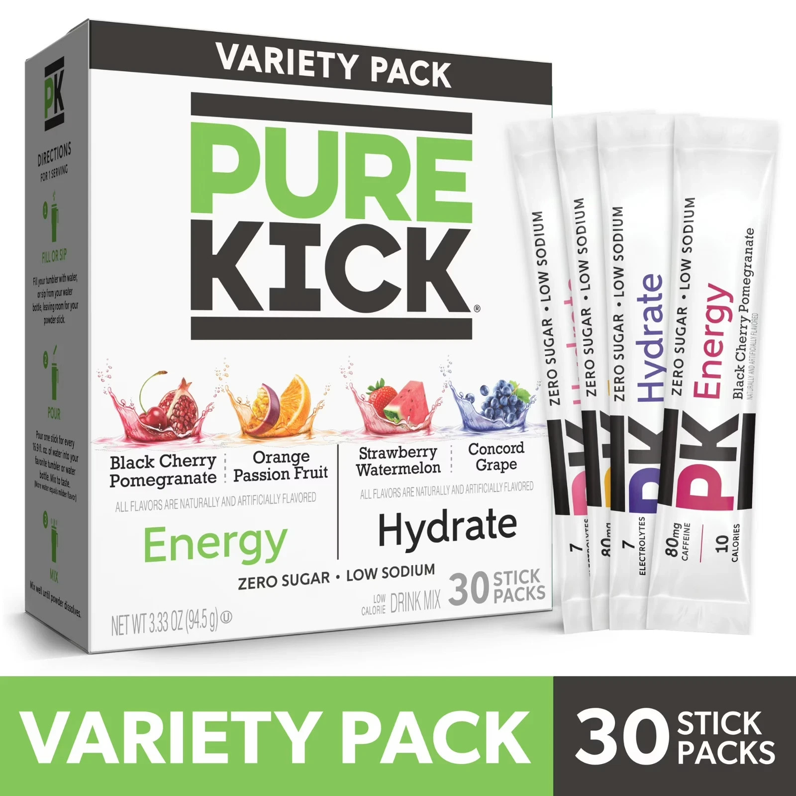 Pure Kick Energy & Hydration Variety Pack Singles-To-Go Drink Mix 30-Count.