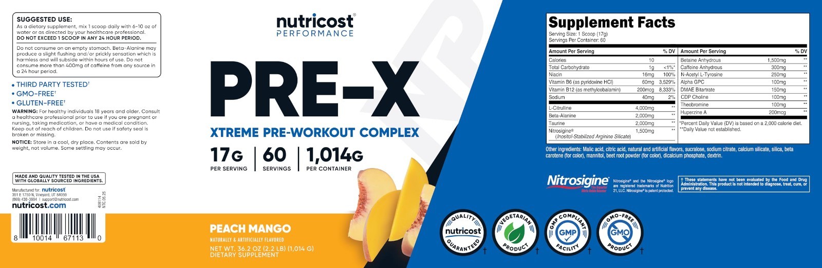 Pre-Workout Powder Complex – Peach Mango Flavor, 60 Servings, Vegan, Gluten-Free