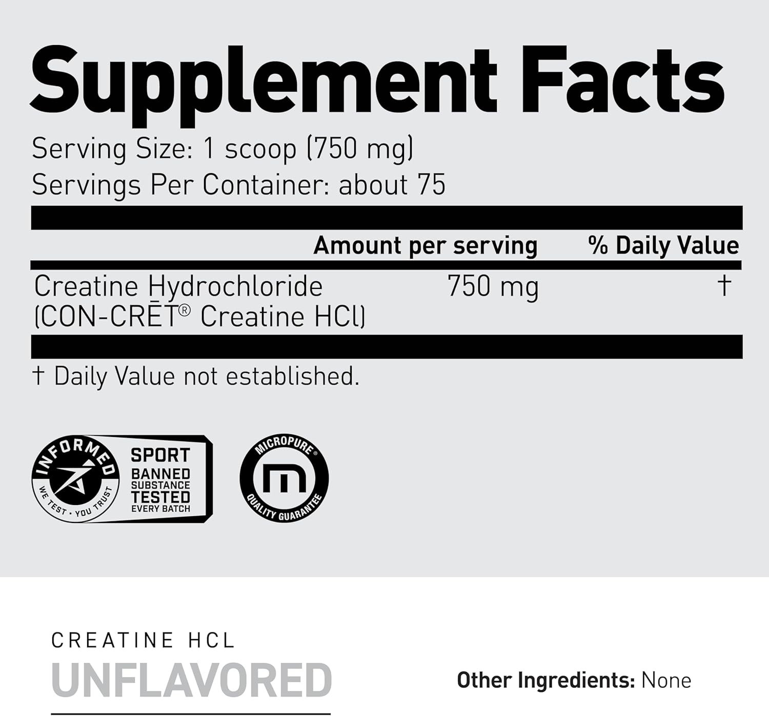 Highly Soluble Creatine HCl Powder – 750mg, 75 Servings for Optimal Performance