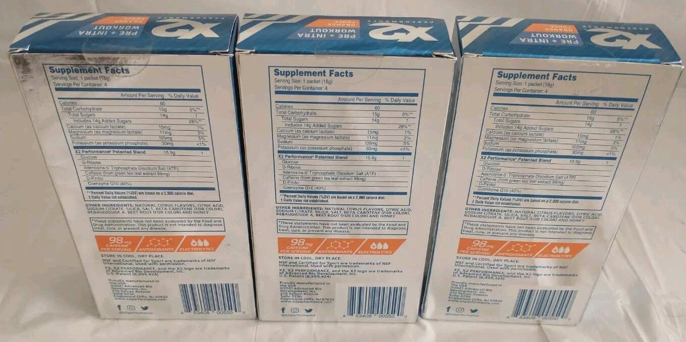 X2 Performance Pre + Intra Workout Powder Orange Force Drink Mix Packet LOT OF 3